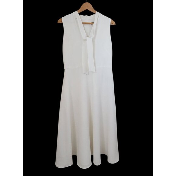 Maggy London White Sleeveless Bow-Tie Neck A-Line Midi Dress Women's Sz 8 - Picture 1 of 7